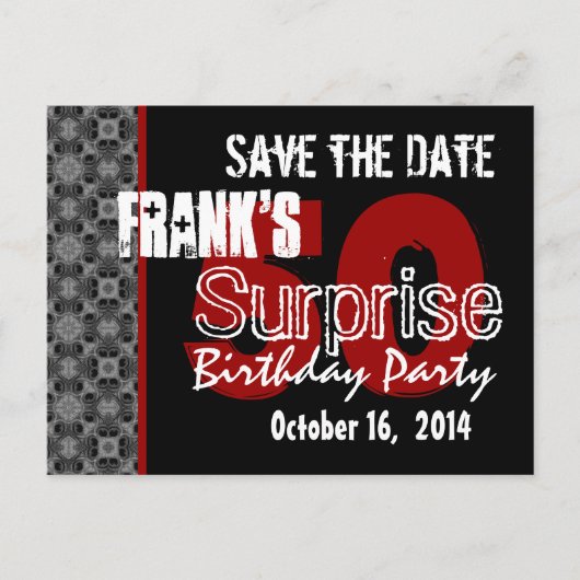 50thサプライズパーティーシルバー黒と赤 インビテーションポストカード (正面)