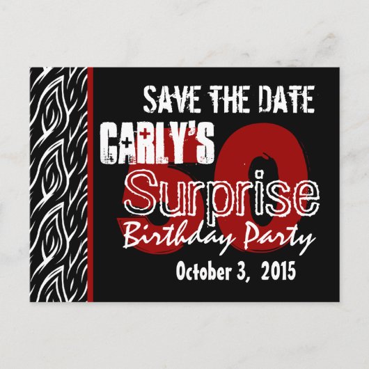 50thサプライズ日付を保存するモダン白黒赤 案内ポストカード (正面)
