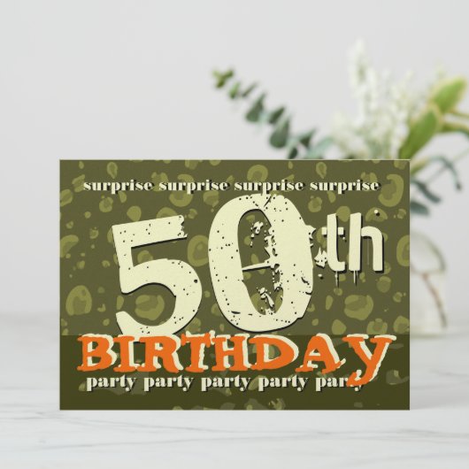50thサプライズ誕生日カキオレンジクリーム迷彩柄 招待状 (スタンド正面)