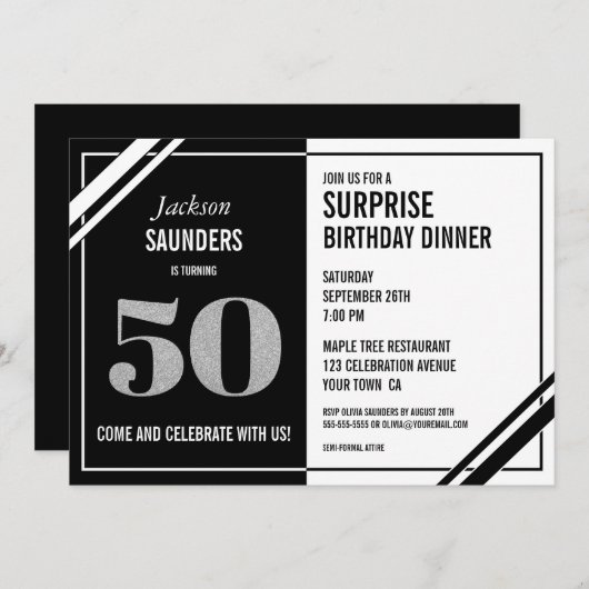 50thサプライズ誕生日モダン白黒ディナー 招待状 (正面/裏面)
