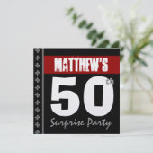 50thサプライズ誕生日レッド白黒メタリック 招待状 (スタンド正面)