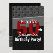 50thサプライズ誕生日レッド白黒メタル 招待状 (正面/裏面)