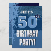 50thサプライズ誕生日名前をカスタムするブルーメタリック 招待状 (正面/裏面)