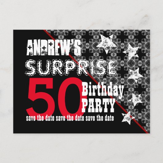 50thサプライズ誕生日日付を保存する対角線W70 案内ポストカード (正面)