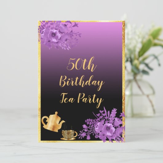 50thバースデーティーパーティの招待状ブラックパープル 招待状 (スタンド正面)