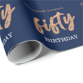 50thバースデーパーティモダン金ゴールド&ブルー |フィフティ ラッピングペーパー (ロールコーナー)