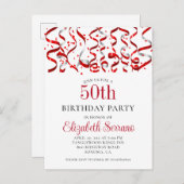 50thバースデーパーティレッドストリーマー紙吹雪 インビテーションポストカード (正面/裏面)
