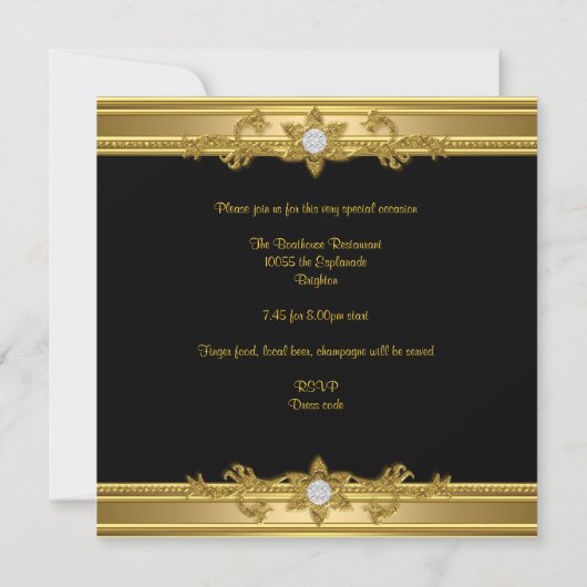 50thバースデーパーティーエレガント金ゴールドダイヤモンドジュエル 招待状 (裏面)