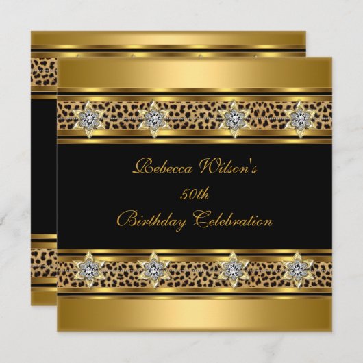 50thバースデーパーティーエレガント金ゴールドブラックレオパード 招待状 (正面/裏面)