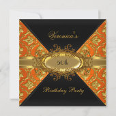 50thバースデーパーティーオレンジ金ゴールドブラックダマスク 招待状 (正面)