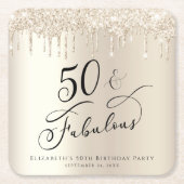 50thバースデーパーティーグリッター金ゴールド スクエアペーパーコースター (正面)
