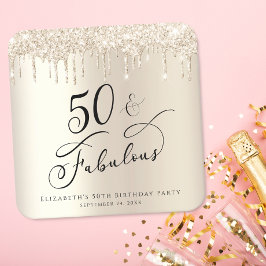 50thバースデーパーティーグリッター金ゴールド スクエアペーパーコースター