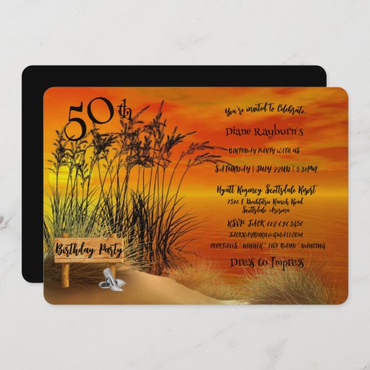 50thバースデーパーティーサンセットビーチグラススティレトス 招待状 (正面/裏面)