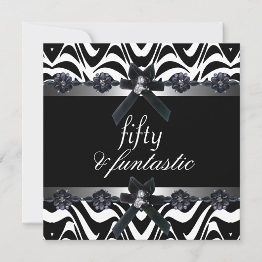 50thバースデーパーティーシルバーストライプ白黒3 招待状 (正面)