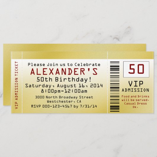 50thバースデーパーティースムーズ金ゴールドチケット招待状 招待状 (正面/裏面)