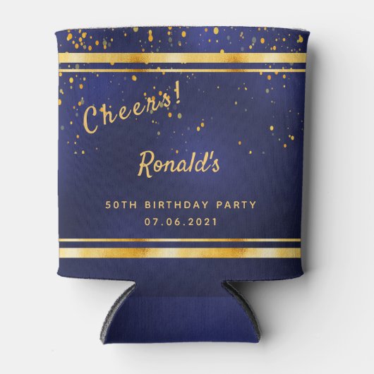 50thバースデーパーティーダークネイビーブルー金ゴールド応援 缶クーラー (正面)