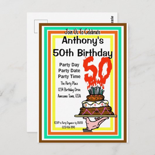 50thバースデーパーティーチョコレートケーキレトロカラー ポストカード (正面/裏面)