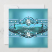 50thバースデーパーティーティール（緑がかった色）ブルーパールジュエル 招待状 (正面)