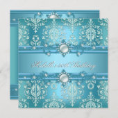 50thバースデーパーティーティール（緑がかった色）ブルーパールダマスクフローラ 招待状 (正面/裏面)