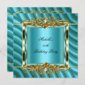 50thバースデーパーティーティール（緑がかった色）ブルー金ゴールドカーブダイヤモンド 招待状 (正面/裏面)
