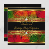 50thバースデーパーティードレッドブラック金ゴールド羽毛 招待状 (正面/裏面)