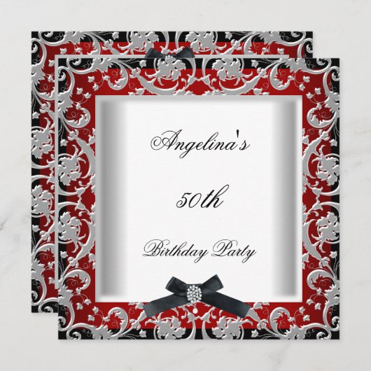 50thバースデーパーティードレッド白黒ジュエルボウ 招待状 (正面/裏面)