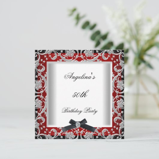 50thバースデーパーティードレッド白黒ジュエルボウ 招待状 (スタンド正面)