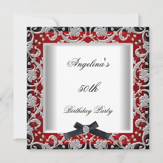 50thバースデーパーティードレッド白黒ジュエルボウ 招待状 (正面)
