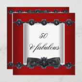 50thバースデーパーティードレッド白黒ジュエルボウ 招待状 (正面/裏面)