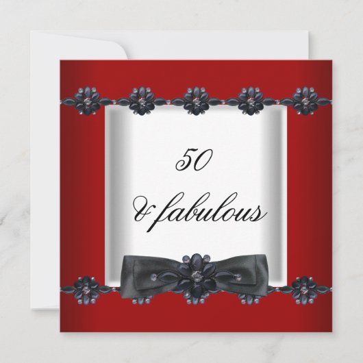 50thバースデーパーティードレッド白黒ジュエルボウ 招待状 (正面)