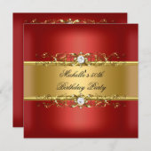 50thバースデーパーティードレッド金ゴールドダイヤモンドジュエル50 招待状 (正面/裏面)