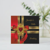 50thバースデーパーティードレッド金ゴールドハートジュエル 招待状 (スタンド正面)
