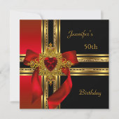 50thバースデーパーティードレッド金ゴールドハートジュエル 招待状 (正面)