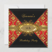 50thバースデーパーティードレッド金ゴールドブラックダマスク招待状 招待状 (正面)