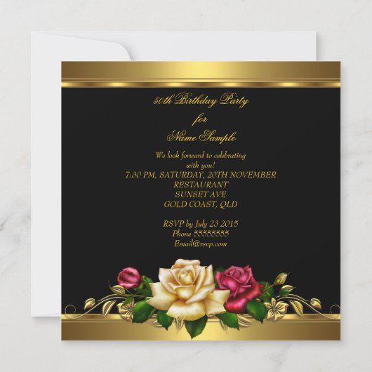 50thバースデーパーティーバラレッドクリーム金ゴールド 招待状 (裏面)