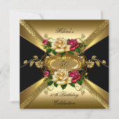 50thバースデーパーティーバラレッドクリーム金ゴールド 招待状 (正面)