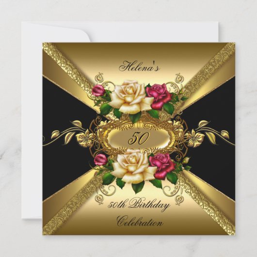 50thバースデーパーティーバラレッドクリーム金ゴールド 招待状 (正面)