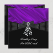 50thバースデーパーティーパープルシルクジュエル白黒 招待状 (正面/裏面)