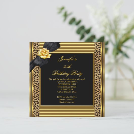 50thバースデーパーティーヒョウエレガント金ゴールドブラック 招待状 (スタンド正面)