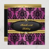 50thバースデーパーティーピンク金ゴールドダマスクブラックダイヤモンド 招待状 (正面/裏面)