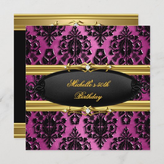 50thバースデーパーティーピンク金ゴールドダマスクブラックダイヤモンド 招待状 (正面/裏面)