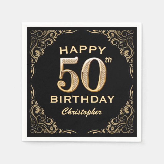 50thバースデーパーティーブラックと金ゴールドグリッター枠 スタンダードカクテルナプキン (正面)