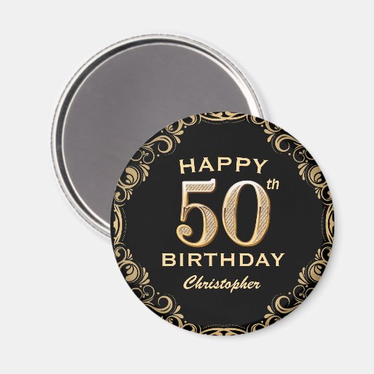 50thバースデーパーティーブラックと金ゴールドグリッター枠 マグネット (正面/裏面)