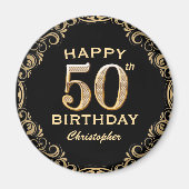 50thバースデーパーティーブラックと金ゴールドグリッター枠 マグネット (正面)