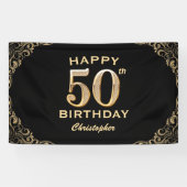 50thバースデーパーティーブラックと金ゴールドグリッター枠 横断幕 (横)