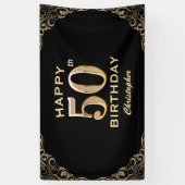 50thバースデーパーティーブラックと金ゴールドグリッター枠 横断幕 (縦)