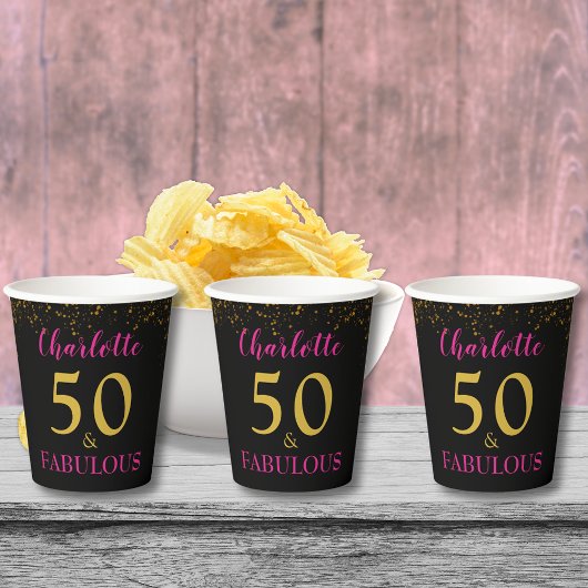 50thバースデーパーティーブラックピンクパーソナライズされた金ゴールド 紙コップ