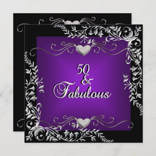 50thバースデーパーティーブラックブライト深いパープルビッグ 招待状 (正面/裏面)