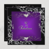 50thバースデーパーティーブラックブライト深いパープル 招待状 (正面/裏面)