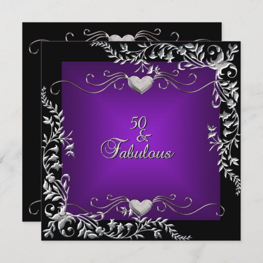 50thバースデーパーティーブラックブライト深いパープル 招待状 (正面/裏面)